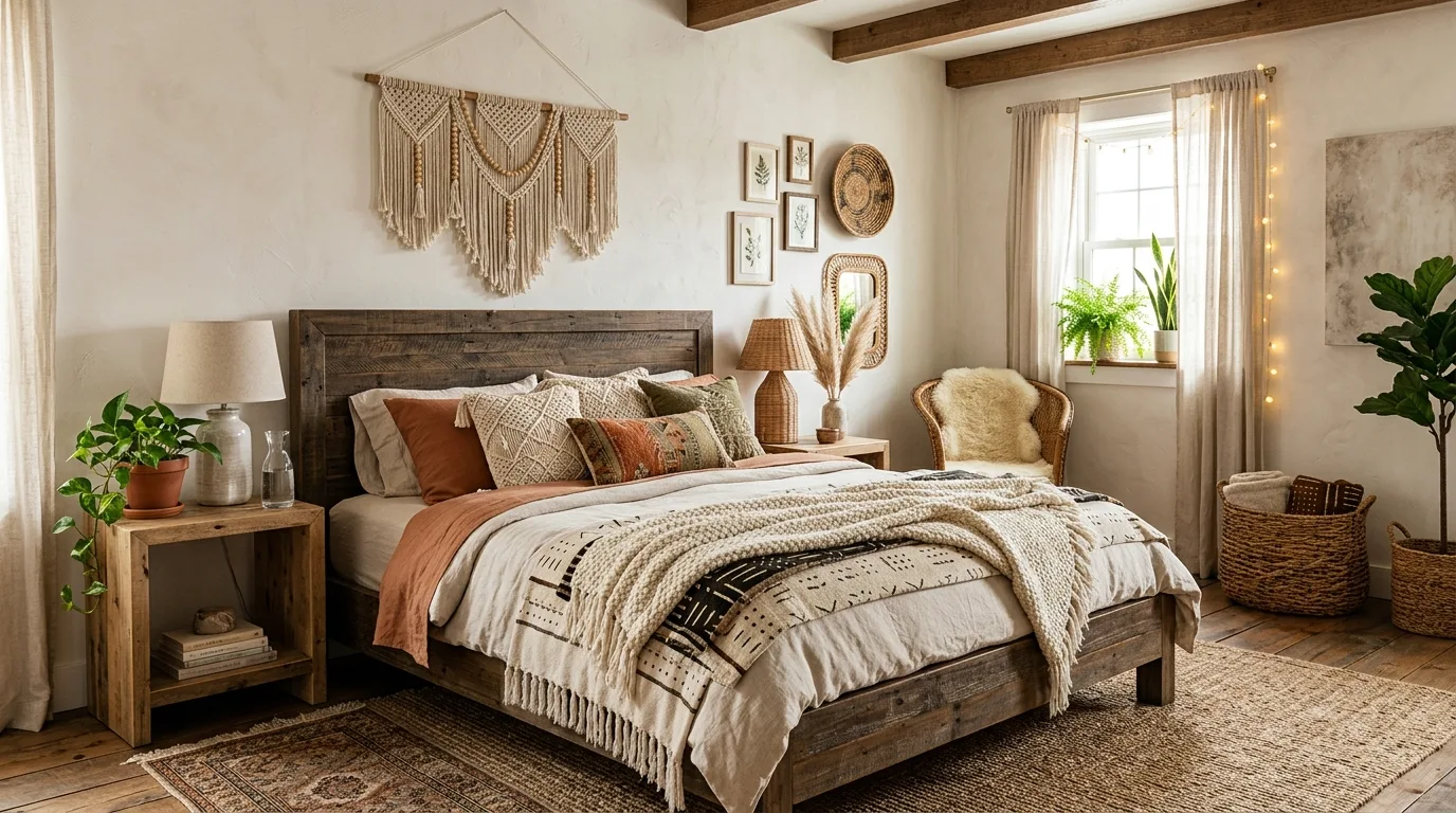 Layer rugs for more warmth and visual richness inspiration for a boho bedroom.